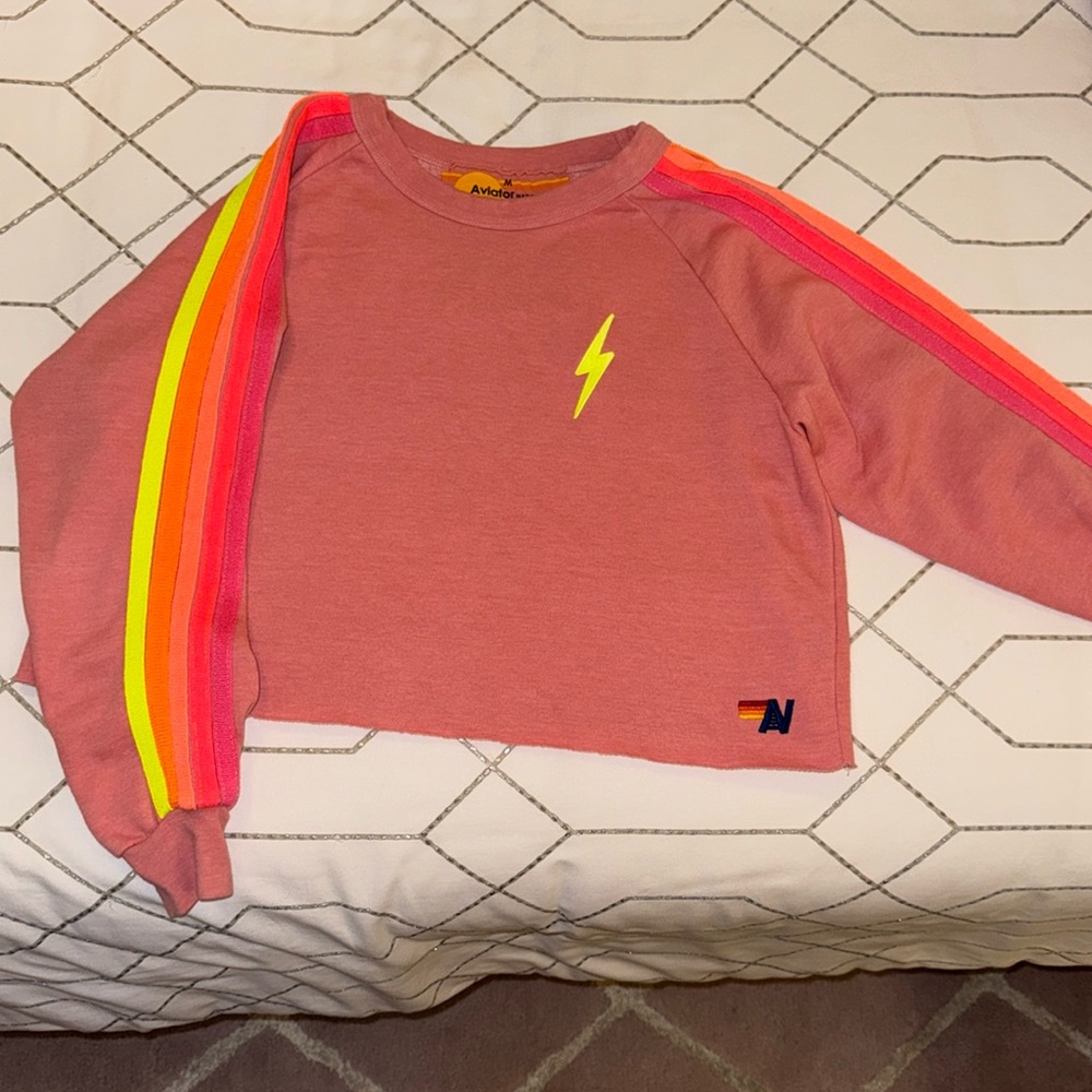 Aviator Nation Bolt Cropped Sweatshirt— pink with neon stripes!